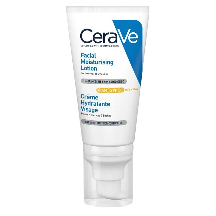 نمای اصلی و بسته‌بندی لوسیون ضد آفتاب بی رنگ سراوی SPF 50 مدل AM